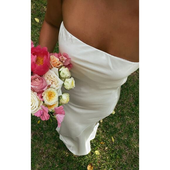 Show Me Your Mumu Taylor Tube Maxi Dress in Ivory Luxe Satin XS